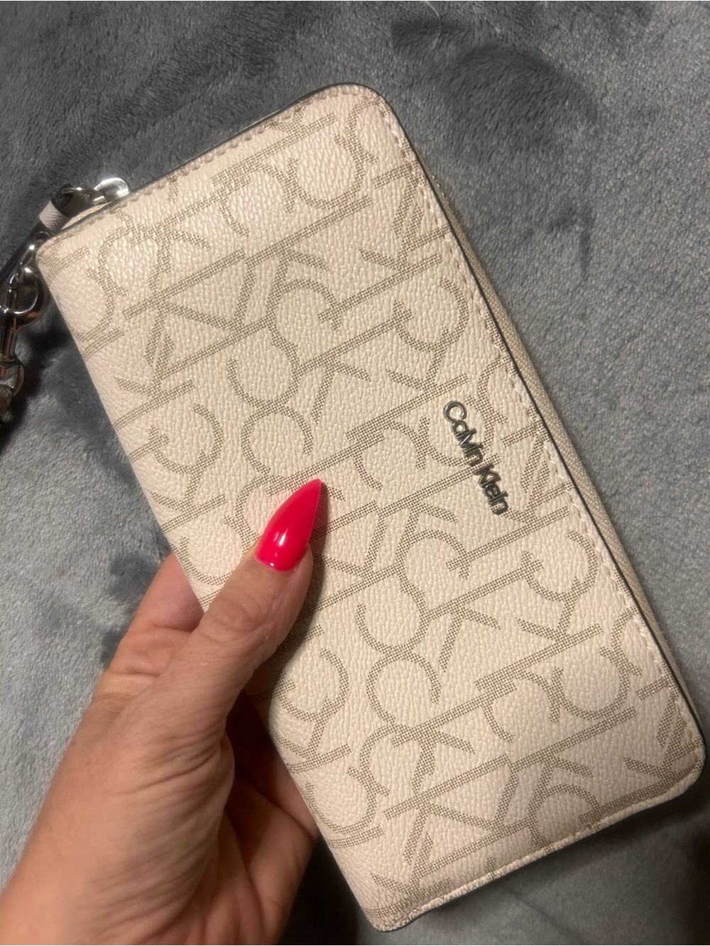 Calvin Klein Cream Monogram Zip Around Wristlet